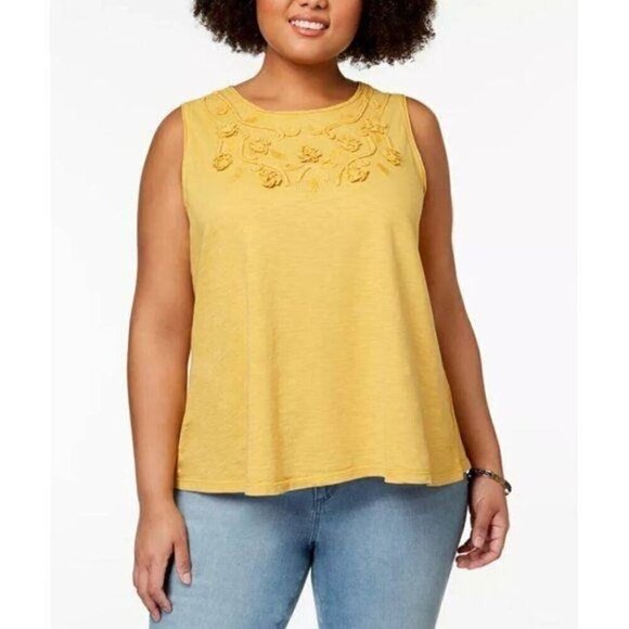 Style & Co tropical travel tumeric soutach embroidered swing tank top. sz 0X - Picture 1 of 9